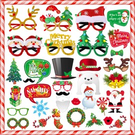 Christmas Decorations 35Pcs Christmas Glasses Frame Photo Booth Props Christmas Decorations Party Favors for Kids & Adults Family Party Supplies