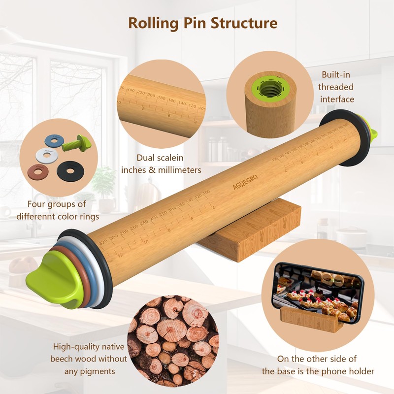 Aguegro Rolling Pin with Adjustable Thickness Ring, Dough Thickness for