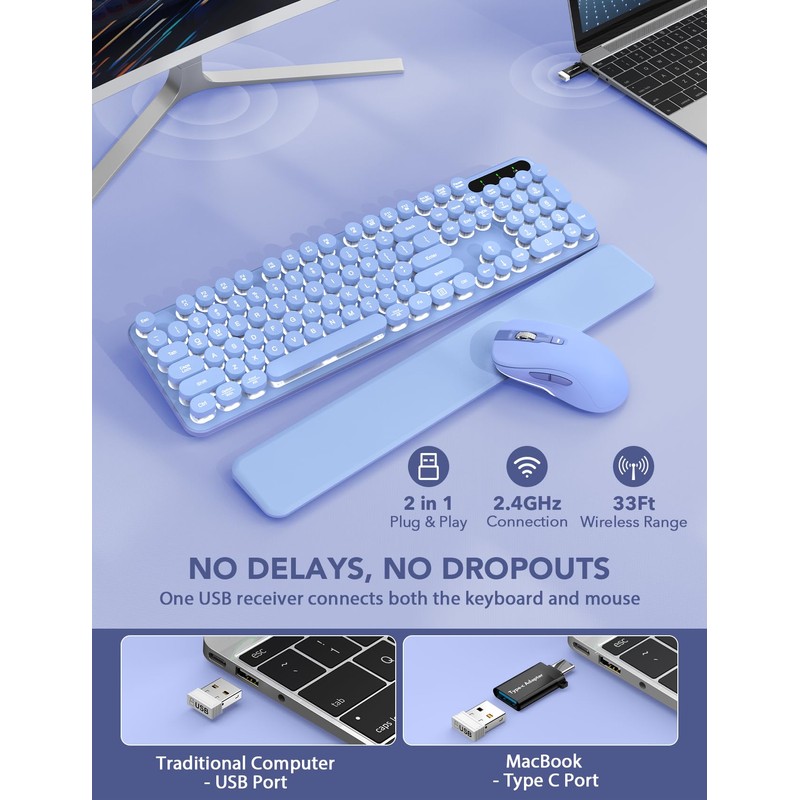Wireless Keyboard and Mouse Backlit - Typewriter Keyboard with Retro