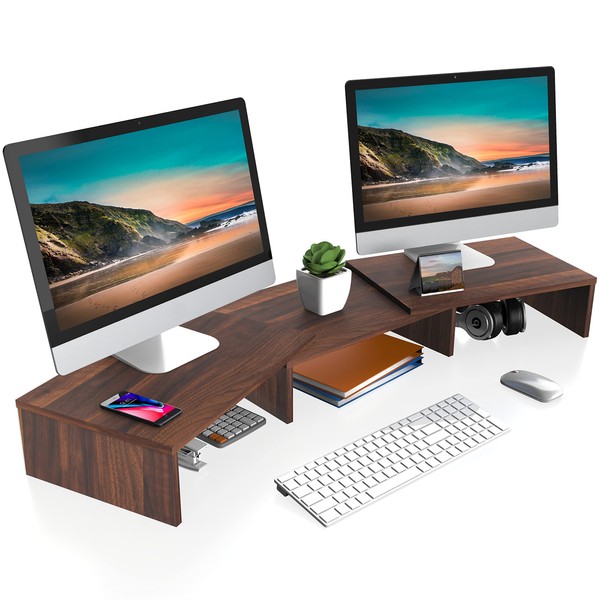 FITUEYES Dual Monitor Stand – 3 Shelf Computer Monitor Riser, Wood Desktop Stand with Adjustable Length and Angle, Desk Accessories, Office Supplies Medium Brown, DT108002WB