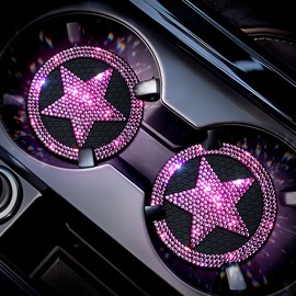 Mulixis Bling Cup Holder Coasters for Car 2 Pack Non-Slip Cup Holder Embedded Decorative Coasters Shiny Crystal Pink Rhinestone Car Interior Accessories for Women