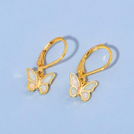 Lasidor Dainty Leverback White Opal Hoop Earrings 14k Yellow Gold Plated Cute Butterfly Dangle Earrings Huggie Hoops Jewelry Christmas Gifts
