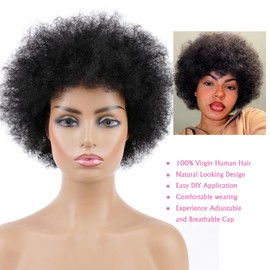 Huarisi 7 Inch Short Afro Kinky Curly Bob Wigs 1B Glueless Human Hair Pixie Cut Wig for Women No Lace Blended Rose Curls Funmi Huge Fluffy Natural Looking Black Colour