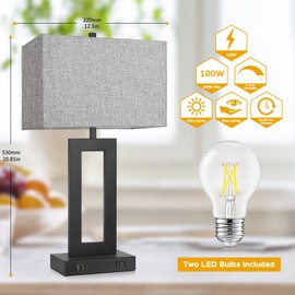 TOBUSA Set of 2 Modern Touch Control Table Lamps with 2 USB Ports, Bedside Nightstand Lamps 3-Way Dimmable Desk Lamp with Grey Fabric Shade for Bedrooms Living Room Reading, 2 LED Bulbs Included