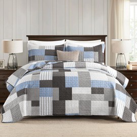 SahSahCasa Quilt King Size, King Quilt Set, 100% Cotton King Quilt Bedding Set Bedspreads, Farmhouse Patchwork Quilt, Plaid Reversible Lightweight Rustic Bedspread, Taupe Blue White, 3Pcs