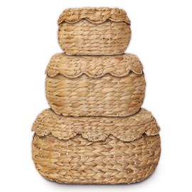 ChumDecor Scalloped Basket Set of 3 – Woven Seagrass Storage Baskets with Lids – Decorative Natural Bins Baskets for Organizing, Boho Home, Shelves, Bathroom Decor