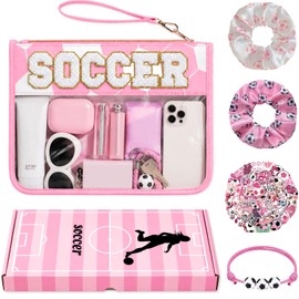 Soccer Gift Set for Girls, Soccer Game Day Essentials, Pink Makeup Bag with Gift Box, 50 Soccer Stickers, Scrunchies & Bracelet, Cute Soccer Accessories for Soccer Fans Teen Girls