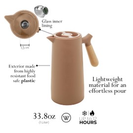 WOLFF - Thermal Coffee Carafe – 34oz/1L Insulated Food-Safe Plastic Exterior and Glass Liner, Wood-Style Handle – Keeps Drinks Hot or Cold for Hours, Coffee and Tea Dispenser - Nude Pink, 34floz/1L