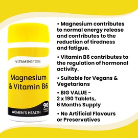 Vitamin Store Magnesium & Vitamin B6 Food Supplement, Vegan Friendly, Pack of 6/30 tablets