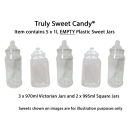5 x Empty Mixed 1L Plastic Victorian Sweet Jars for Candy Buffet, Wedding, Party
