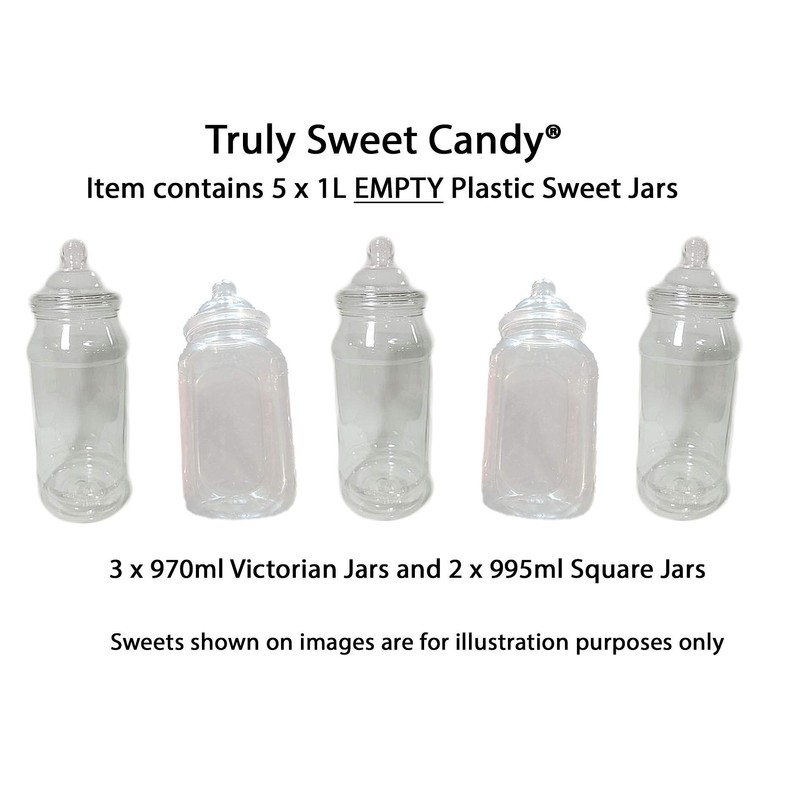 5 x Empty Mixed 1L Plastic Victorian Sweet Jars for