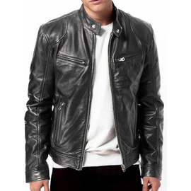 DECIMAL Men's Black Genuine Lambskin Leather Biker Jacket VINTAGE REAL BROWN MOTORCYCLE JACKETS FOR MEN (M, BLACK)