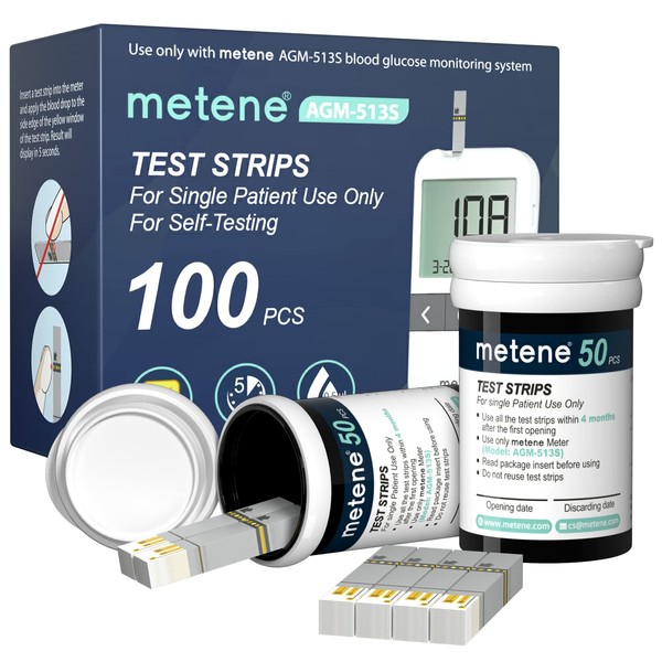 Metene AGM-513S Test Strips for Diabetes, 100 Count Blood Glucose Test Strips, Use with Metene AGM-513S Blood Glucose Monitoring System Only (No Monitor)
