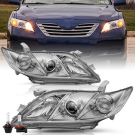 TUSDAR Headlight Assembly Fits For 2007 2008 2009 Toyota Camry Driver and Passenger Side (Chrome Housing with Clear Reflector) w/Bulbs