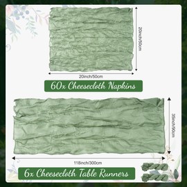 60PCS Sage Green Cheesecloth Napkins and 6PCS Table Runners Set, 19.69x19.69inch Rustic Wedding Napkins and 35x118inch Gauze Table Runner for Wedding Party Boho Table Decor