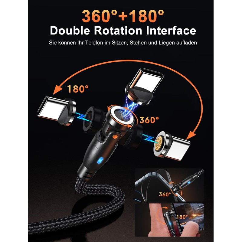 VAFOTON 9Pin Magnet Ladekabel (2Pack 2m+1m), 540 Grad USB Magnetisches