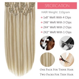 Loxxy Blonde Hair Extensions Real Human Hair Clip ins 14Inch Invisible Highlight Seamless Remy Human Hair Clip in Extensions Color Ash Blonde Mixed With Blonde 110G 6Pcs For Women