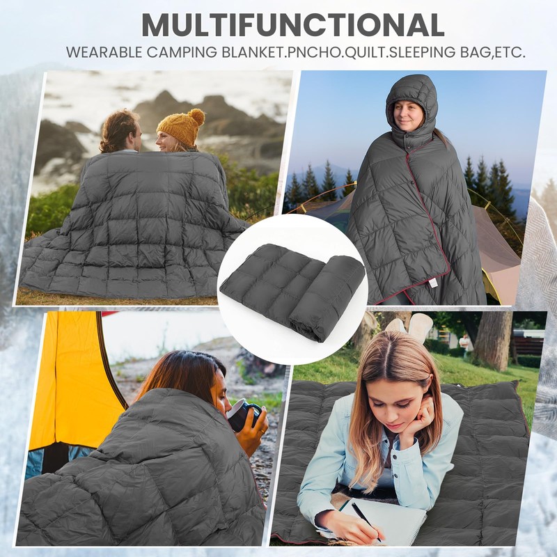 HunnmingRe Upgraded Hooded Down Camping Blanket Waterproof 650 Fill Puffy
