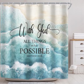 Riyidecor Beach Ocean Bible Verse Shower Curtain for Bathroom Decor 72Wx72H Teal Coastal Nautical Modern Seaside Christian Tropical Art Printed Fabric Polyester Waterproof 12 Pack Plastic Hooks