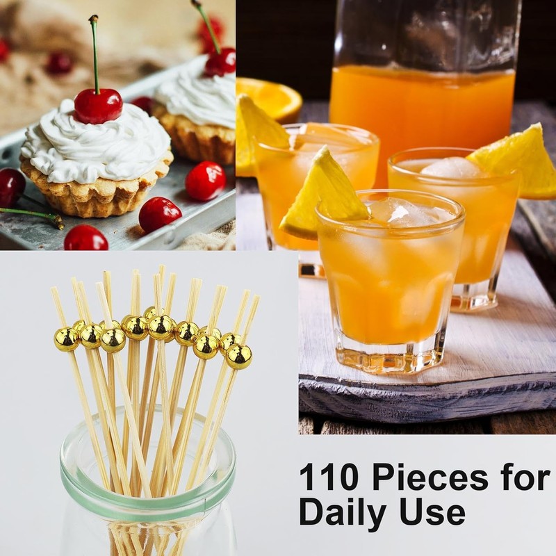 110 Pieces Fruit Picks Cocktail Picks Gold Bead Picks Skewers