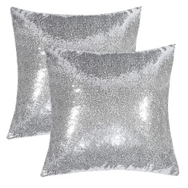 Xpanal Home Decorative Solid Glitter Sequins Square Throw Pillow Covers Cushion Case for Wedding Party,18"x18"(45cmx45cm), Silver, 2 Packs
