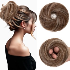 Benehair Hair Buns Real Remy Human Scrunchy Updo Hair Piece Elastic Messy Bun Donut Accessories Scrunchies Updo Ponytail Extensions #4/613 Medium Brown Mix Bleach Blonde 25g