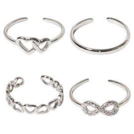 Toe Ring 925 Sterling Solid Silver Adjustable Mixed Design Open Rings Finger Ring Gift (Set of 4 Toe Rings)