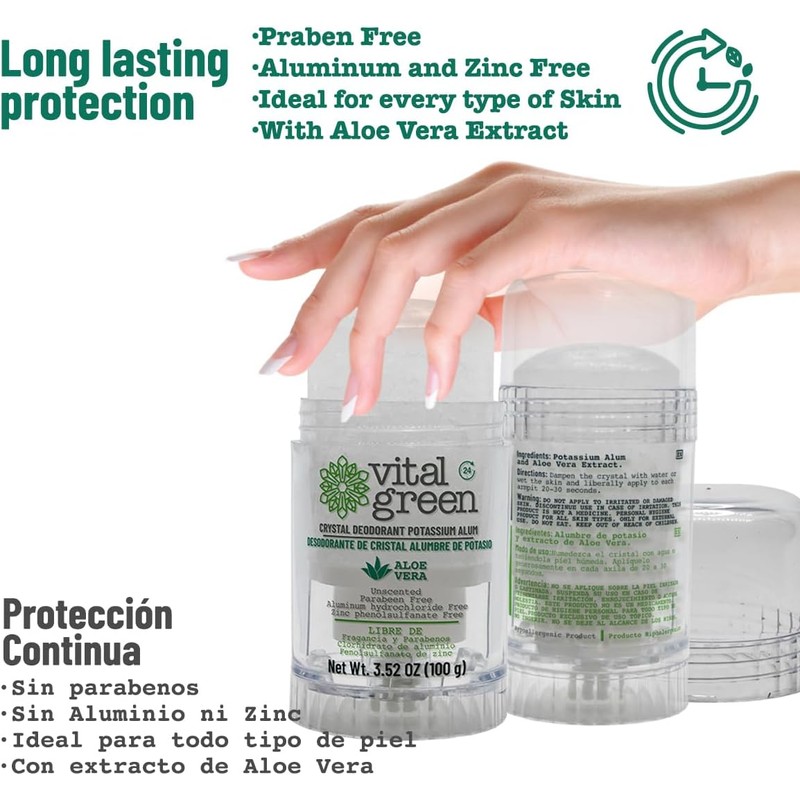 Vital Green Desodorante de Alumbre de Potasio, Aloe Vera, 100g,
