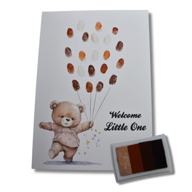 Baby Shower Fingerprint Guestbook Print - Teddy Bear - Balloons - A4 - Pink Blue Neutral Unisex Gender Reveal Party - Newborn Keepsake Gift (Brown)