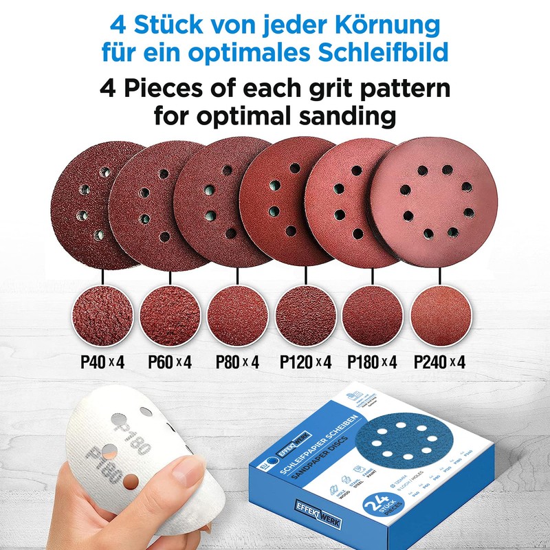 EffektWerk Sanding Discs (24 Pack, 8 Holes) 125mm Multi Grit