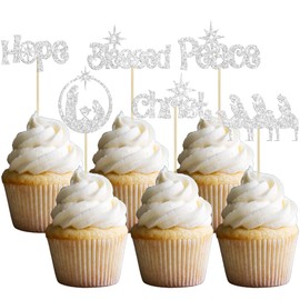 24 piezas de adornos para cupcakes de Navidad de Jesús, paz, esperanza, cristo, bendito, magdalenas, decoraciones de pastel de Jesús, para Feliz Navidad, fiesta religiosa, suministros de decoración de pasteles, color plateado