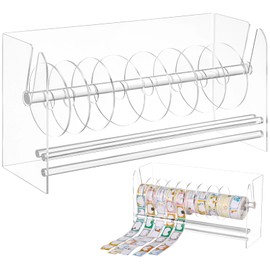 Clear Label Roll Holder, Transparent Acrylic Tape Dispenser, Adjustable Desktop Sticker Roll Holder for Office and Home, Adjustable Sticker Roll Holder with 8 Removable Divider Disks