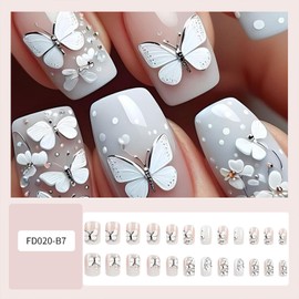 Tyuimhx 3D Butterfly Press on Nails Short Square Fake Nails White Gradient False Nails With Butterflies Designs Full Cover Stick on Nails Acrylic Ombre Artificial Nails for Women Glue on Nails 24 Pcs