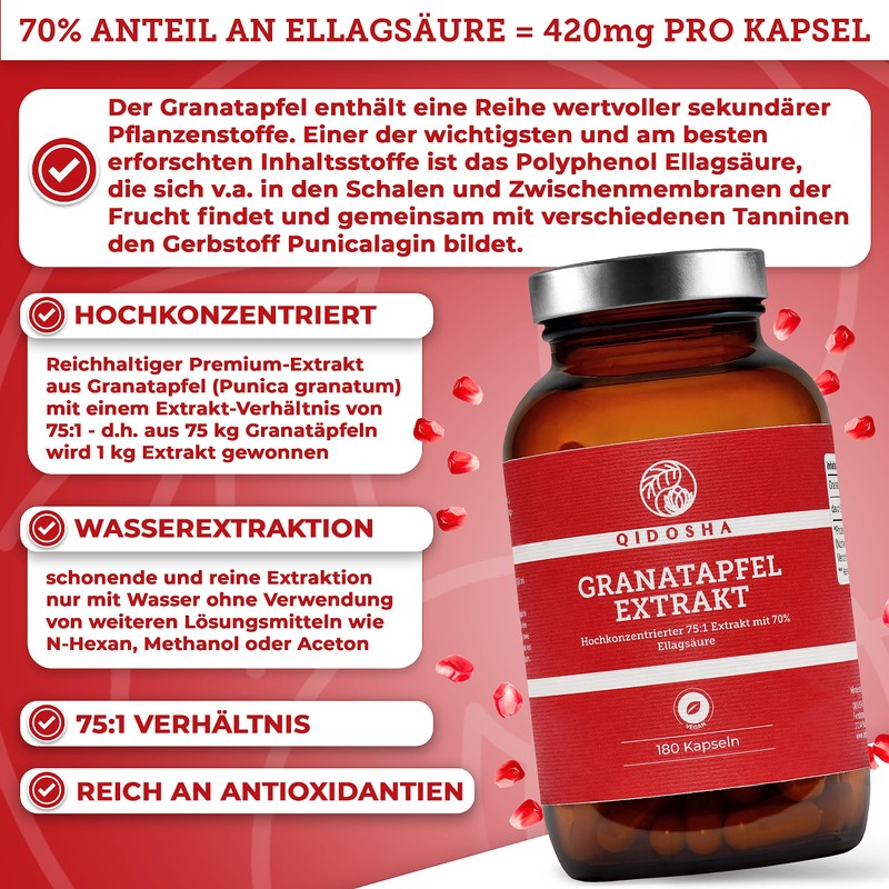 QIDOSHA Pomegranate Extract Capsules High Dosage, 70% Ellagic Acid, 180