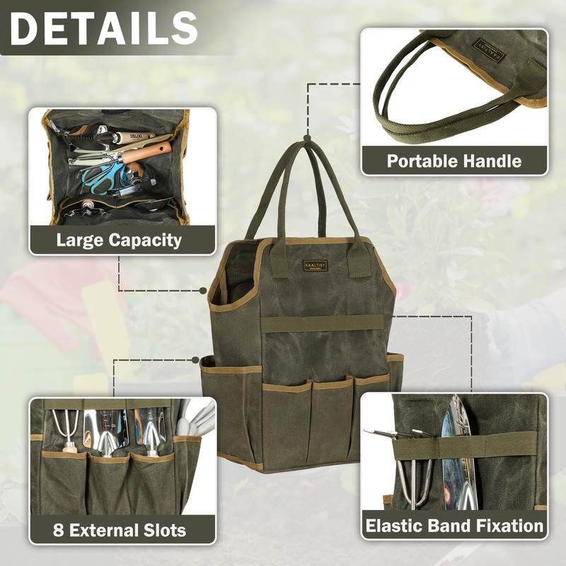 Tool Bag, Heavy Duty 16oz Waxed Canvas Garden Tool Tote