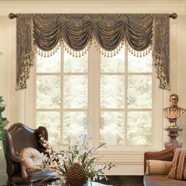 Loom and Mill Luxury Jacquard Waterfall Valance for Living Room, Classic Antique Swag Window Valances with Tassels, Bronze Gold Swag Curtains for Bedroom Banquet Holiday Decoration(W110Inch,1 Panel)