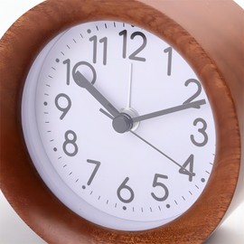 Lancoon Round Wooden Alarm Clock, Analog Non Ticking Silent with Arabic Numerals Night Light Snooze Function Battery Operated Easy to Set for Desktop Bedroom Bedside (Brown)
