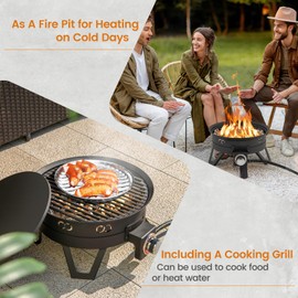 Giantex Portable Propane Fire Pit, 17" Small Outdoor Fire Bowl w/Foldable Legs, Round Fireplace with Lid, Removable Grill, Carry Bag, Lava Rocks, 58000 BTU Smokeless Gas Firepit for Outdoor Camping