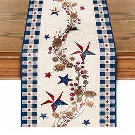 4th of July Table Runner – Red White and Blue Stars with Rustic Accents,Independence Day, Memorial Day, and Patriotic Holiday Decorations,13x48 Inch for Indoor & Outdoor Dining Table Decor
