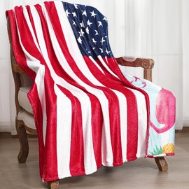 Hillsuren Summer Patriotic Throw Blanket Flamingo American Flag Ultra Plush Blanket Reversible Double Sided Holiday Throw for 4th of July Independence Day Party Gift Home Bed Sofa Couch, 60 x 50 Inch