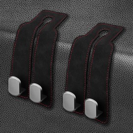 QBUC 2pcs Universal Car Seat Headrest Hooks, Metal Car Purse Holder for Purse Bag Handbag&Phone, Premium Lether Car Storage Organizer Back Seat Hanger with Double Hook Car Interior Accessories(Black)