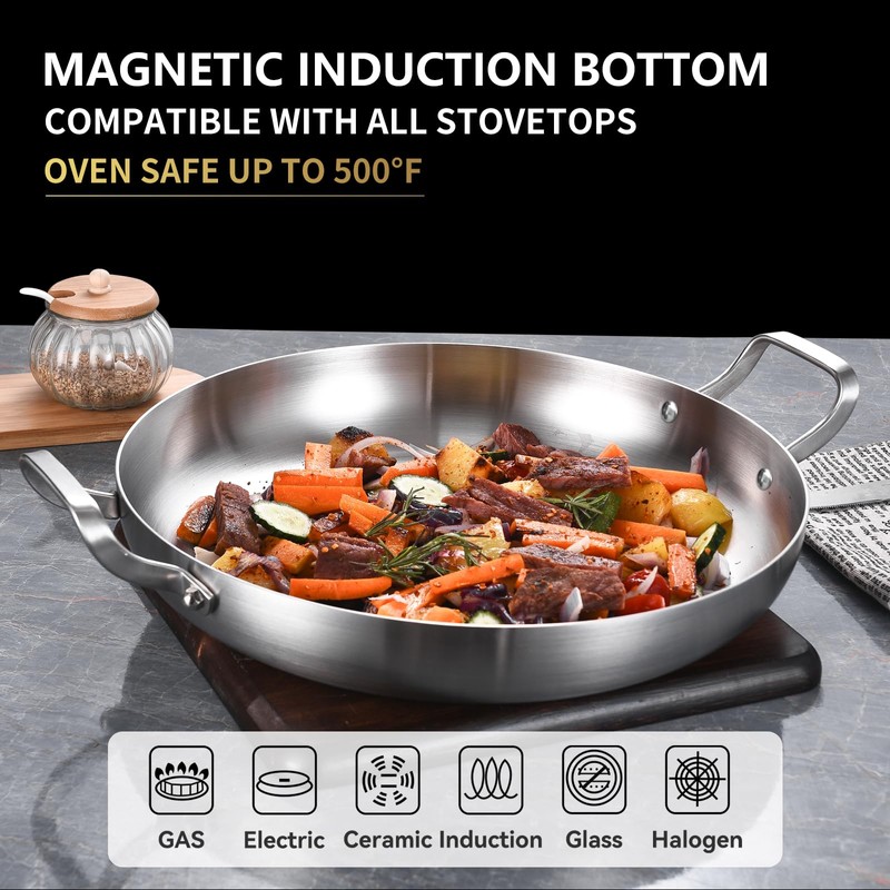 Inqibee 13-Inch Tri-Ply Stainless Steel Paella Pan,Large Skillet,Griddle Pan,Large Frying