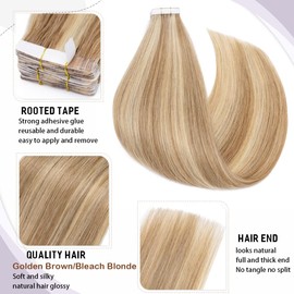 S-noilite Tape In Human Hair Extension 14" Golden Brown Highlights Bleach Blonde 20pcs 20g Set Double Side Invisible Remy Tape Hair Extension Silky Straight Skin Weft Seamless (14",#12P613)