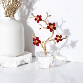 Ornalrist Red Crystal Plum Blossom with Golden Metal Flower Stem Crystal Decor Collectible Figurines, Christmas Birthday Gifts for Women Bedroom Living Room Home Decor