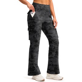 Women's Stretchy Cargo Pants 6 Pockets High Waist Bootcut Flare Leggings for Casual, Work, Travel, Athletic (Grey Camo, L)