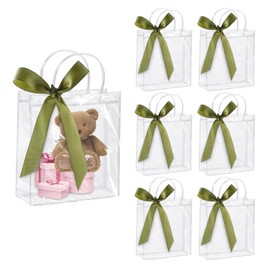 Pack of 6 Transparent Gift Bags with Bows, 16 x 15 x 7 cm Small Clear Gift Packaging Bags, Plastic Bags with Handle (Green Bows)