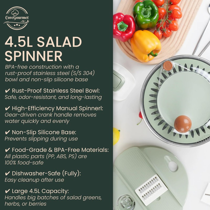 Stainless Steel Salad Spinner 5 Qt, Vegetable & Fruit Washing