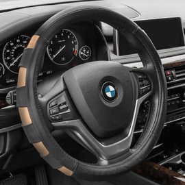 FH Group Universal Fit Genuine Leather Sport Beige Steering Wheel Cover Fits Most Cars, SUVs