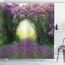 JIANGLANY Lavender Garden 3D Shower Curtain Magic Misty Sun Rays Forest Blossoms Bushes Tall Trees Green Grasses Scenery Bathroom Decoration Curtains with Hook 71X 71 inches Green Purple