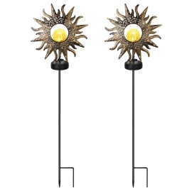 Solar Powered IP54 Waterproof Moon Star Lamp Crackle Glass Globe Stake Iron Lights for Garden Driveway Solar Garden LightsSize: Size One size, Color: Yellow Color
